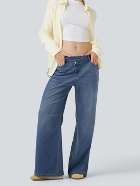 HALARA Flex Asymmetric Waist Casual Wide Leg Jeans w/ Pockets sz Petite L